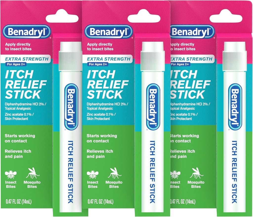 Benadryl Ekstra Güçlü Anti-Itch Relief Stick, Bug Bite Itch Relief, Diphenhydramine HCl Topical Analgesic & çinko Atı Skin Korumak, Büyük Camping Essentials için, 0.47 fl oz (Pack of 3)