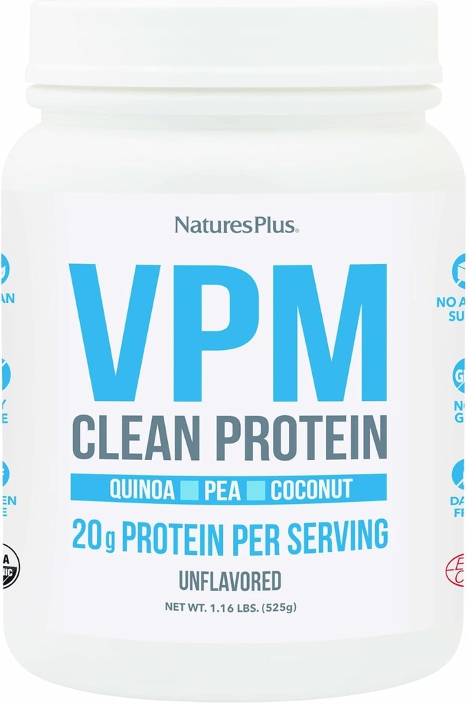 Natures Plus Πρωτεΐνη VPM, Άγευστη - 1.16 lbs - με Quinoa, Pea & Coconut Protein - Βιολογικές, Vegan, Σόγια & Γλουτένη Χωρίς - 15 Μερίδες