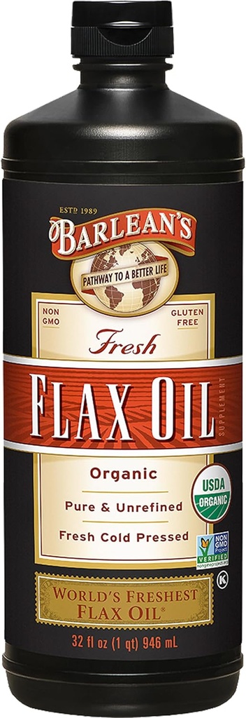 Barlean'ın Organik Flaxseed Oil Liquid, Cold Press Flax Tohumları, 7,640 mg ALA Omega 3 Fatty Asit Supplement for Joint and Heart Health & Health Digestion, 32 ozz
