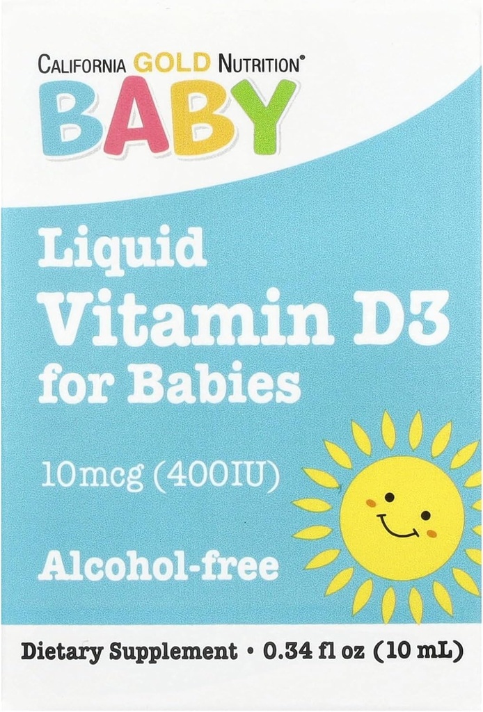 California Gold Nutrition Baby Vitamin D3 Liquid D3 Supplement for Babies, Vegetarian Friendly - Αναπτυξιακή Υποστήριξη - Χωρίς αλκοόλ & Γλουτένη, Μη ΓΤΟ - 10 mcg (400 IU) - 0,34 fl oz (10 ml)