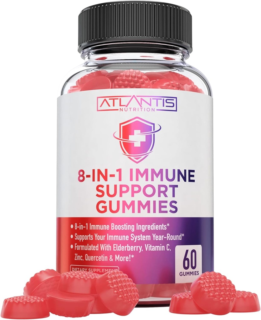 Atlantis Beslenme 8-in-1 Immune Support Gummies with Elderberry | Immune Supplement with Elderberry, Quercetin, çinko, C - Immunity Alerts for Yetişkinler & Kids - Delicious Flavor - 60 Count