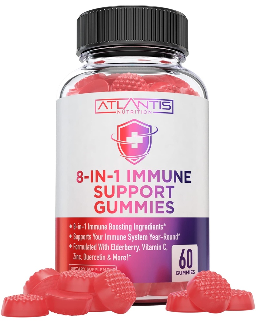 Atlantis Beslenme 8-in-1 Immune Support Gummies with Elderberry | Immune Supplement with Elderberry, Quercetin, çinko, C - Immunity Alerts for Yetişkinler & Kids - Delicious Flavor - 60 Count