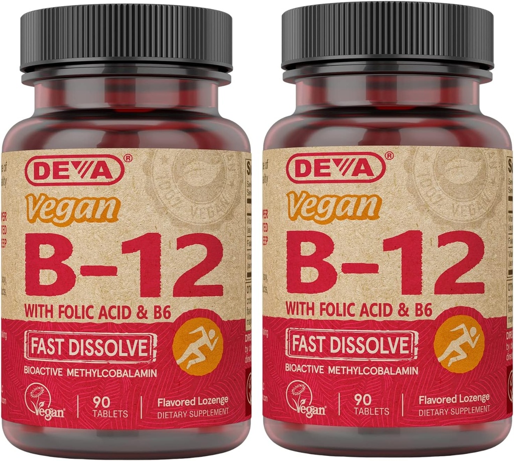 DEVA Vegan B12 Fast Dissolve Supplement - 1000 Mcg Torchcobalamin B12, Folic Acid, B6 - Lemon Flavor - 90 Dissolvable Tabletler, 2Pack