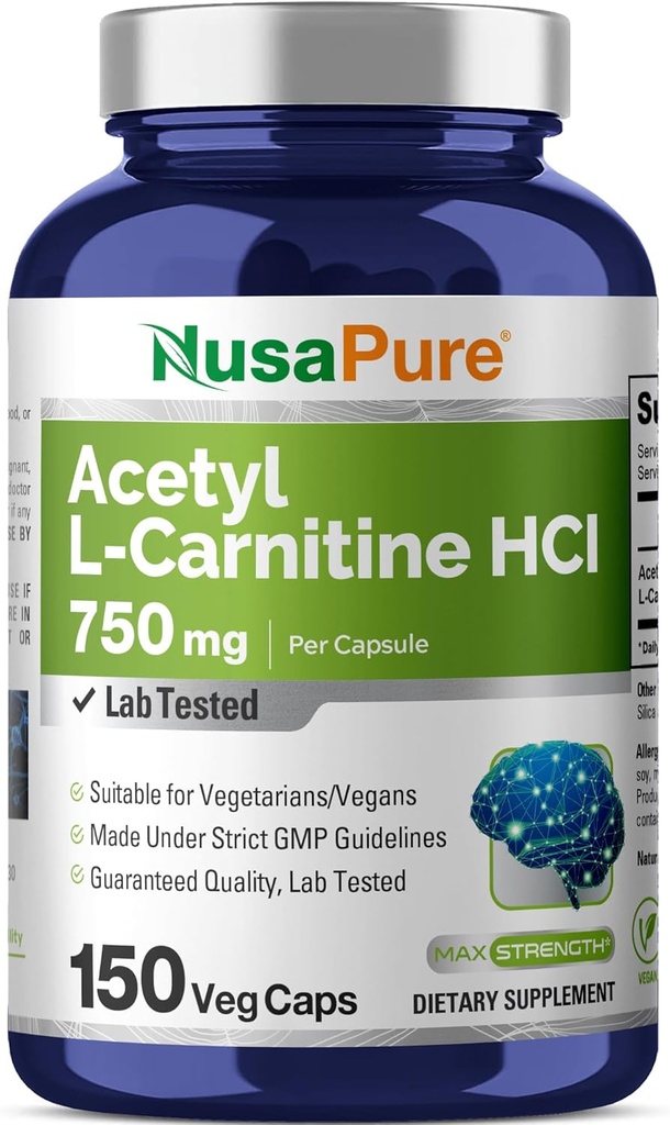 NusaPure Acetyl L-καρνιτίνη 750mg ανά Caps 150 Κάψουλες Veggie (Non-GMO, Vegan) Υψηλή ισχύς Acetyl L Carnitine HCL (ALCAR)