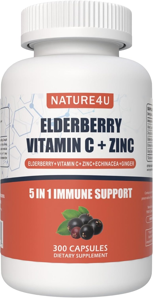 1 Elder Immune Support Supplement, Daily Immune ATMs for Yetişkinler Antioksis Supplement, Elderberry 1000 mg, C, çinko, Echinacea, Ginger, 300 Vegan Capsules - 5 Ay