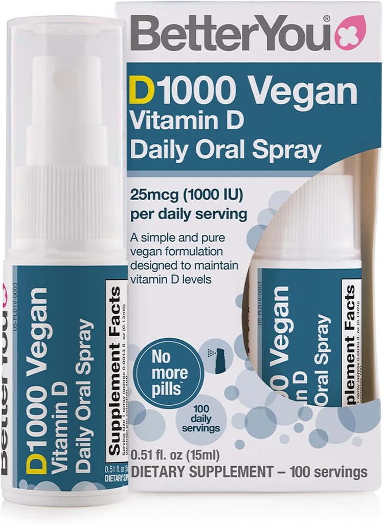 BetterYou D1000 Vegan Vitamin D Oral Spray - Βολικό Εναλλακτικό για τα δισκία - Plant-Origin - Προωθεί ισχυρά οστά, δόντια και ανοσοποιητικό σύστημα - Βοήθεια στην απορρόφηση ασβεστίου - 100 ημερήσιες δόσεις - 0.5 oz