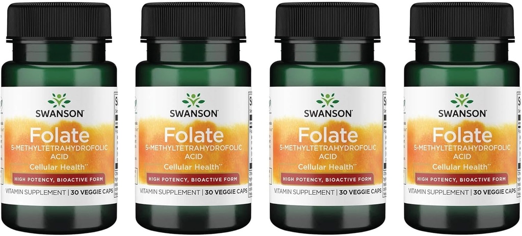 Swanson Folate 5-Methyltetrahidroplik asit - Yüksek Potency, Bioaktif Form 800 mcg Dfe 30 Veg Caps (4 Pack)