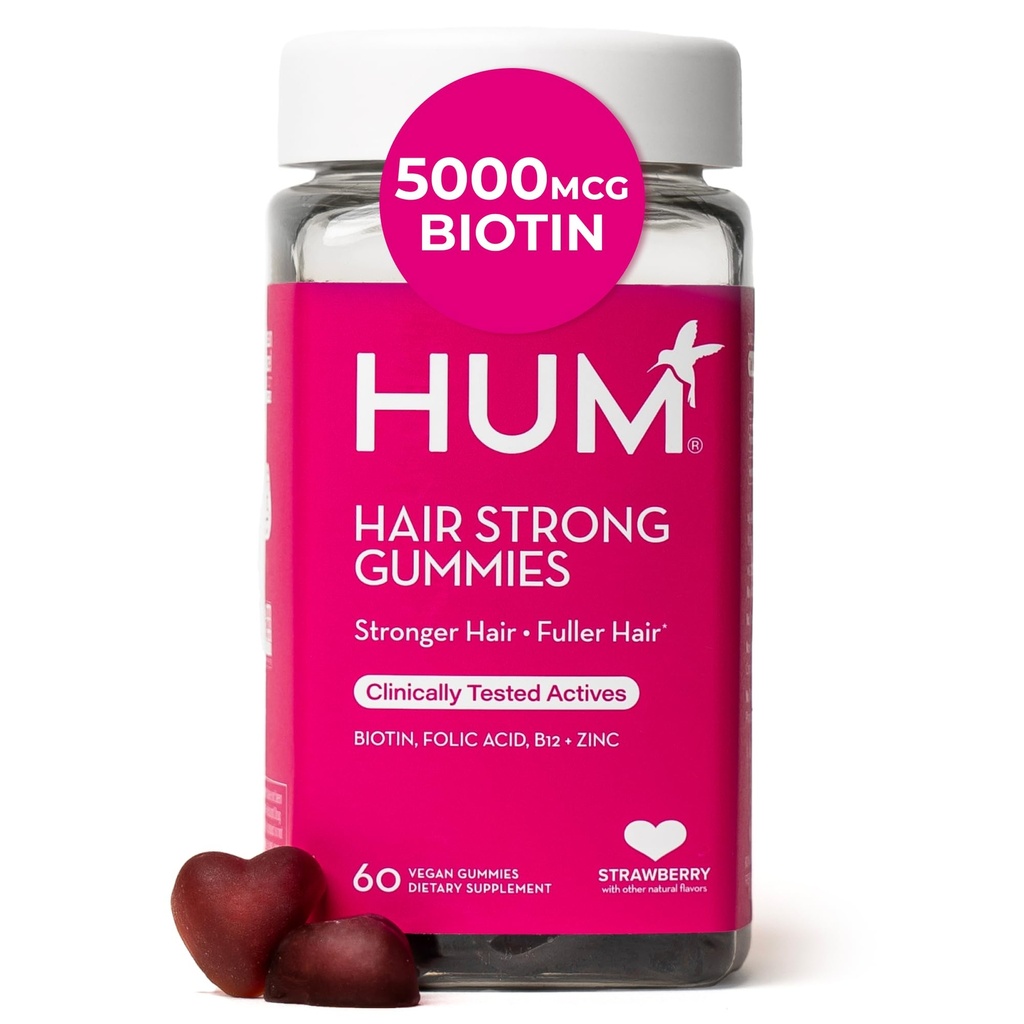 HUM Saç Güçlü Günlük Saç Büyüme Biotin, çinko, Vitamin B12 Büyümeyi Desteklemek için, Folic Asit & Vitamin B12 Gummy Vitaminleri Kadınlar ve Erkekler için Sağlıklı Saç Desteği için, 60 Gummies