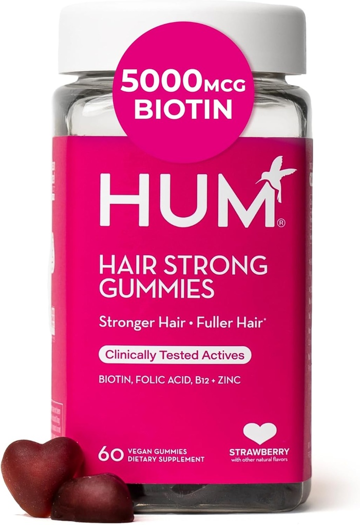 HUM Saç Güçlü Günlük Saç Büyüme Biotin, çinko, Vitamin B12 Büyümeyi Desteklemek için, Folic Asit & Vitamin B12 Gummy Vitaminleri Kadınlar ve Erkekler için Sağlıklı Saç Desteği için, 60 Gummies