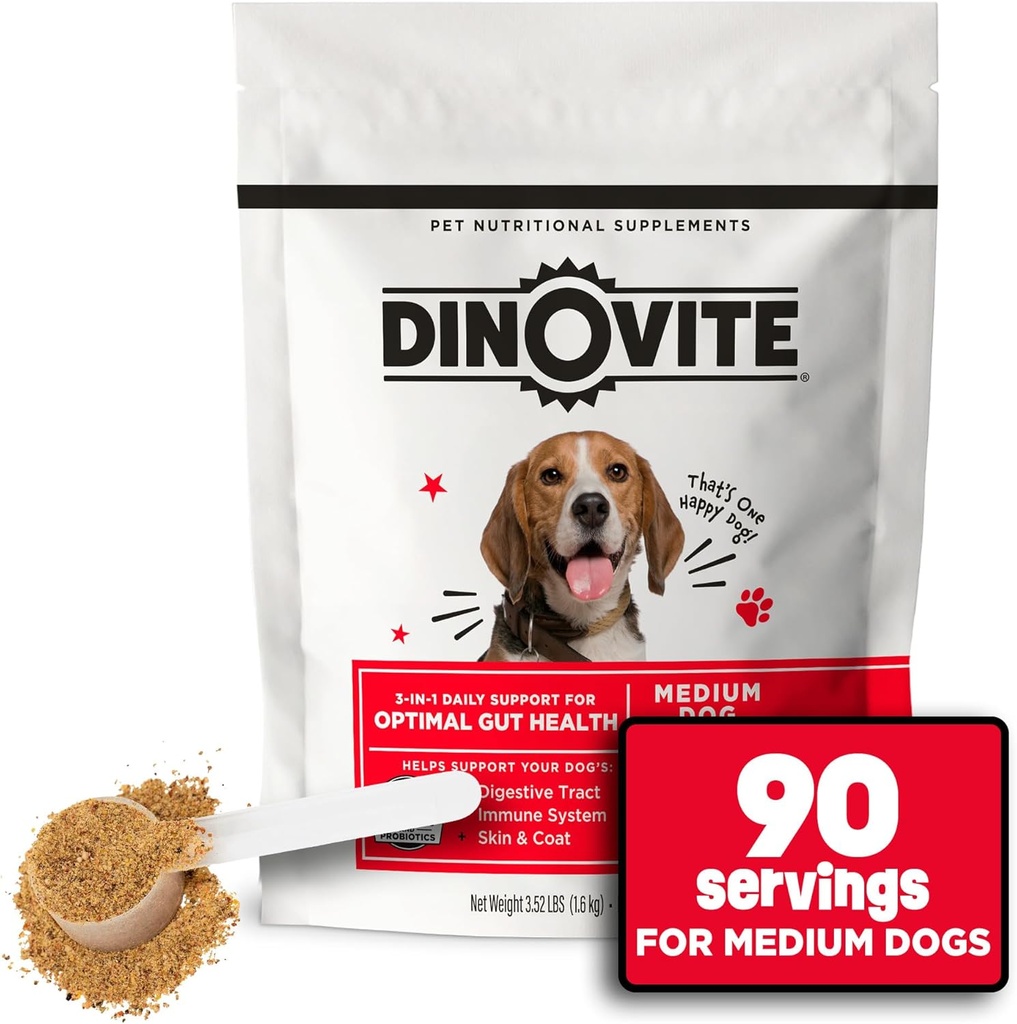Dinovite 3 1 Probiyotik for Medium Dogs, Skin & Coat, Digestive Health & Joint Relief, Dog Food Toppers, Immune Support, Antivirüs Relief & Itch Relief Skin Care, 90 servisler (18-45lb)