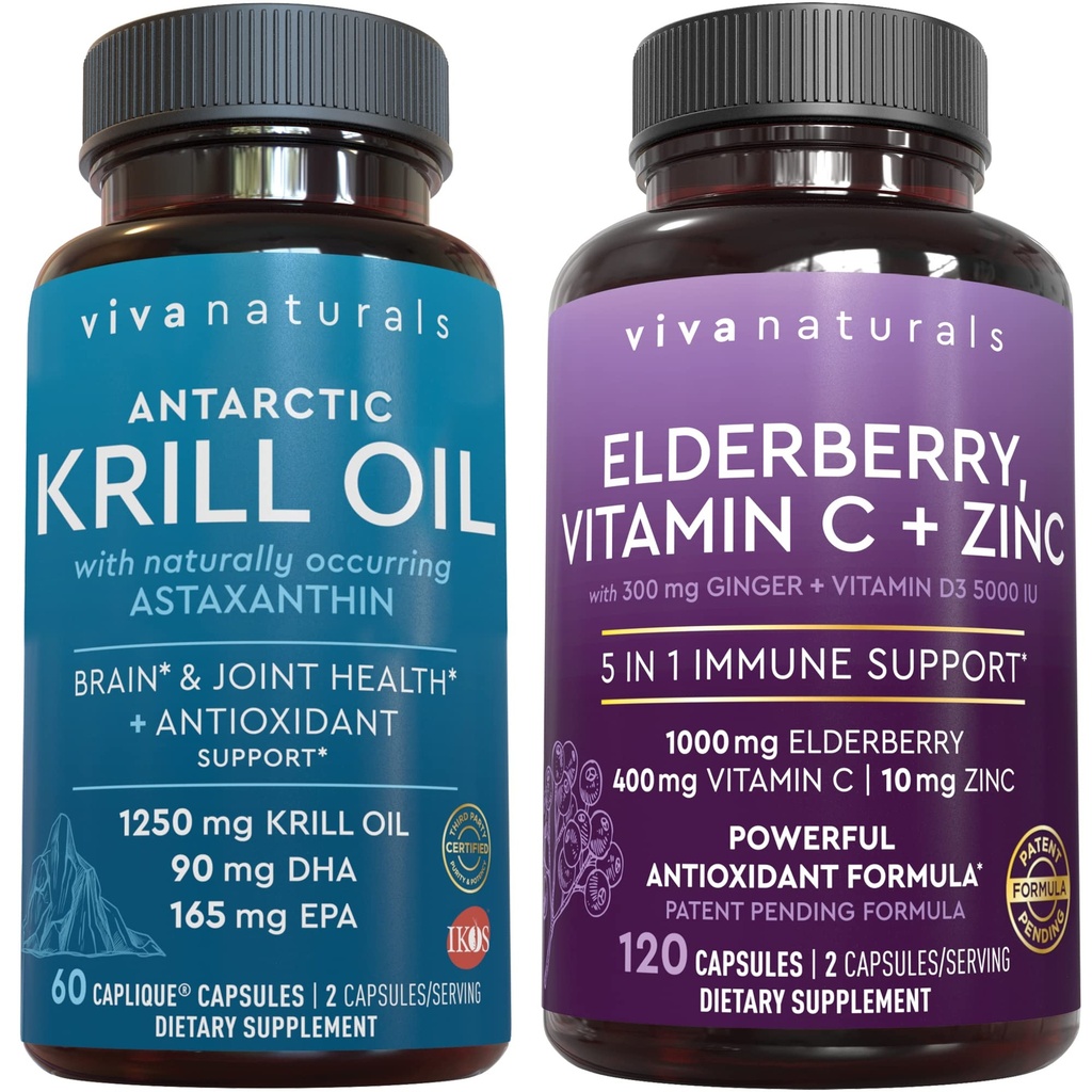 Viva Naturals Antarktika Krill Oil and Elderberry, Vitamin C, çinko ve Vitamin D3 5000 IU Sche, 1250 mg of Krill Oil Ortak Sağlık için Omega 3 EPA ve DHA, Immune Support için Yaşlılar