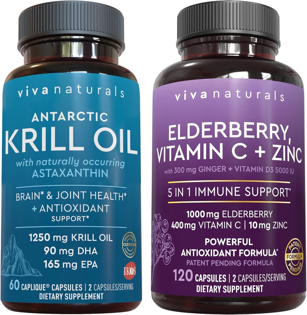 Viva Naturals Antarktika Krill Oil and Elderberry, Vitamin C, çinko ve Vitamin D3 5000 IU Sche, 1250 mg of Krill Oil Ortak Sağlık için Omega 3 EPA ve DHA, Immune Support için Yaşlılar
