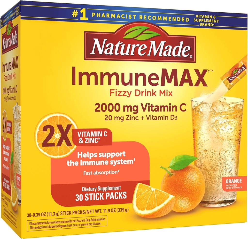 Doğa ImmuneMAX Fizzy İçecek Mix, C vitamini, D vitamini ve Immune Support için çinko Supplement ile, 30 Stick Packs, 0.4 Ounce