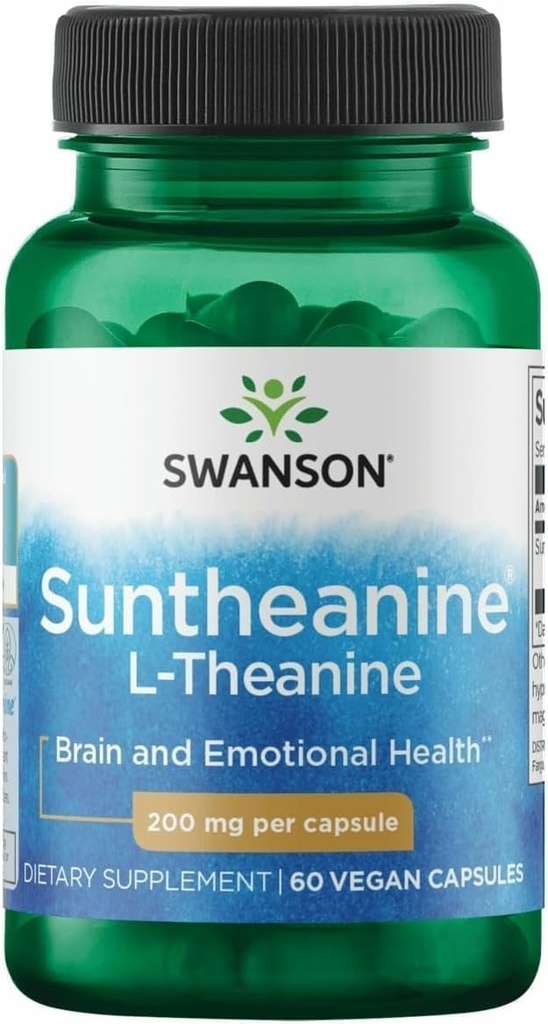 Swanson Double Potency Suntheanine L-Theanine Calm and Focus Supplement for Stress-Prone Professionals Seeking Balanced Wellbeing - 200 mg (60 Veggie Capsules)