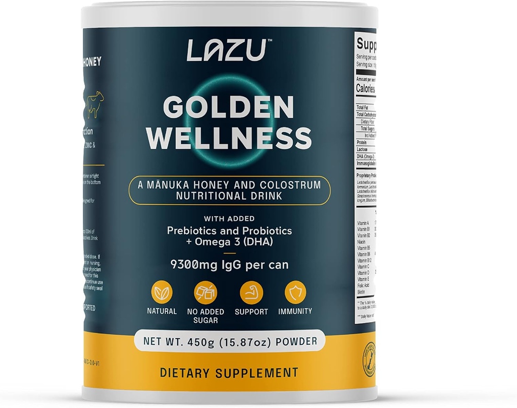Lazu Golden Wellness Colostrum Supplement,Grass-Fed Bovine Colostrum Toz (310 mg IgG & lactoferrin), NZ Monofloral Manuka Honey (200MGO), Vitaminler Gut Health & Athletic Performansı - 450g