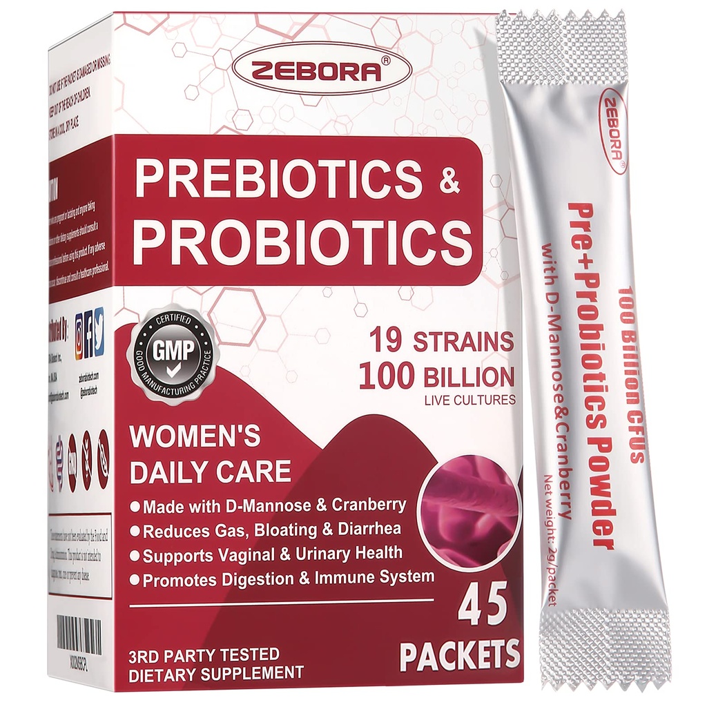 ZEBORA Probiyotiks-for- Women 100-Billion-CFUs with Prebiyotiks, D-Mannose & Cranberry for Digestive, Immune, Feminine UT Health Support, Ultimate Probiyotik Women's Care, Soy & Gluten Free, 45 Packets