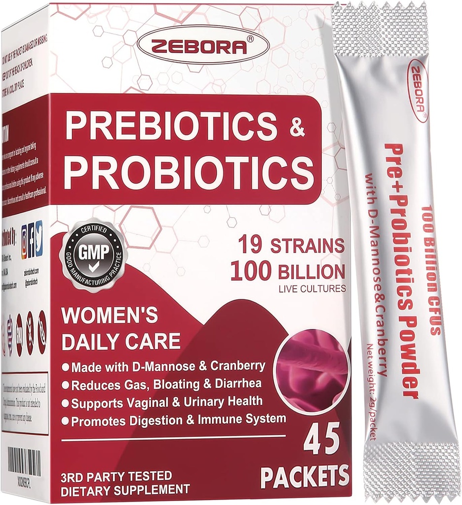 ZEBORA Probiyotiks-for- Women 100-Billion-CFUs with Prebiyotiks, D-Mannose & Cranberry for Digestive, Immune, Feminine UT Health Support, Ultimate Probiyotik Women's Care, Soy & Gluten Free, 45 Packets