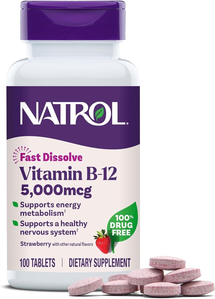 Natrol Βιταμίνη B12 5.000 mcg, γρήγορη διάλυση βιταμίνης B12 συμπλήρωμα Υποστηρίζει ένα υγιές νευρικό σύστημα και την ενέργεια Μεταβολισμός, 100 δισκία, μέχρι 100 ημέρες προσφοράς