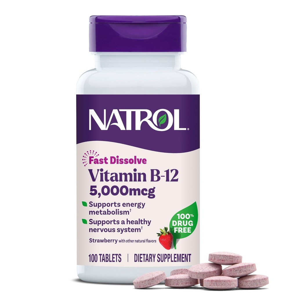 Natrol Vitamin B12 5.000 mcg, Fast Dissolve Vitamin B12 Supplement Sağlıklı Nervous Sistem ve Enerji Metabolism, 100 Tablet, 100 Day Supply