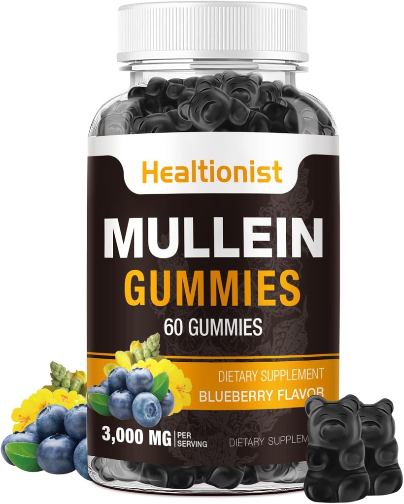 1 Συσκευασία Χωρίς ζάχαρη Gummies Mullein - Lung Cleanse, 3000MG συμπλήρωμα Mullein για το αναπνευστικό, οργανικές σταγόνες Mullein Gummy με Quercetin & Bromelain για τον πνεύμονα, Digestive Health & Immune 90Ct