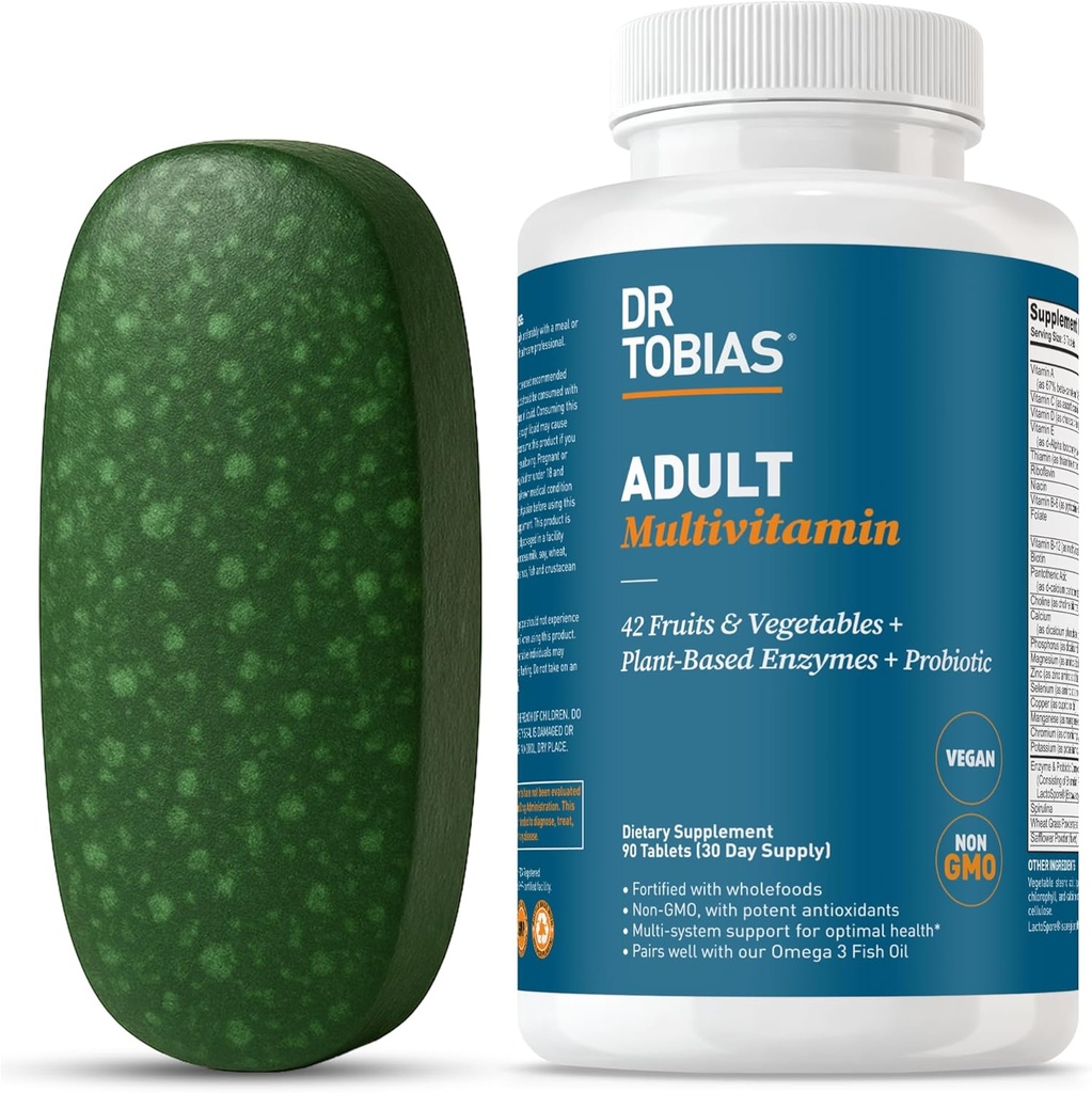 Dr. Tobias Kadınlar ve Erkekler için Multivitamin, 42 Meyveden Vitaminleri Destekleme, Sebzeler, Artı Probiyotikler, Erkekler ve Kadınlar için Vegan Multivitaminler, Non-GMO, 90 Tablet, 30 Hizmet