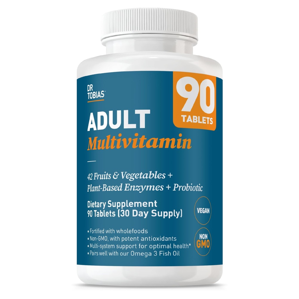 Dr. Tobias Kadınlar ve Erkekler için Multivitamin, 42 Meyveden Vitaminleri Destekleme, Sebzeler, Artı Probiyotikler, Erkekler ve Kadınlar için Vegan Multivitaminler, Non-GMO, 90 Tablet, 30 Hizmet