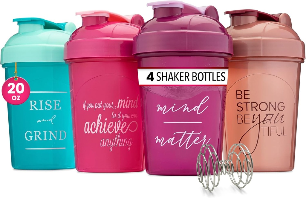 GOMOYO [4-Pack] 20 oz protein Shaker Şişeler | Protein Shakes | Küçük Blender Shaker Şişe Set | Dishwasher Güvenli 4x Wire Mixers | Pink, Mor, Teal, Rose