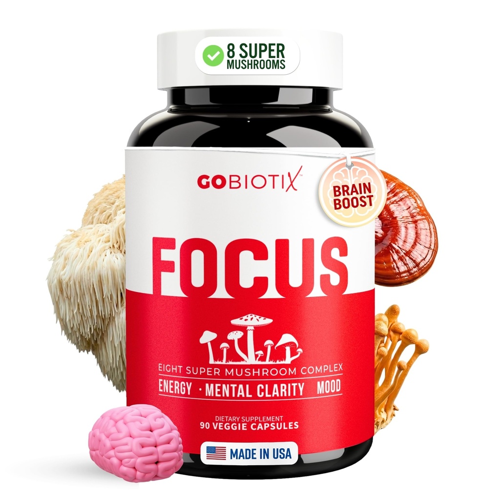 GOBIOTIX Focus Lions Mane Supplement - Mushroom Kompleksi - Nootropics Adaptogen Vitaminleri - Memory, Clarity, Energy, Immune Support, Cordyceps, Reishi, Chaga ve Maitake - 90 Capsules