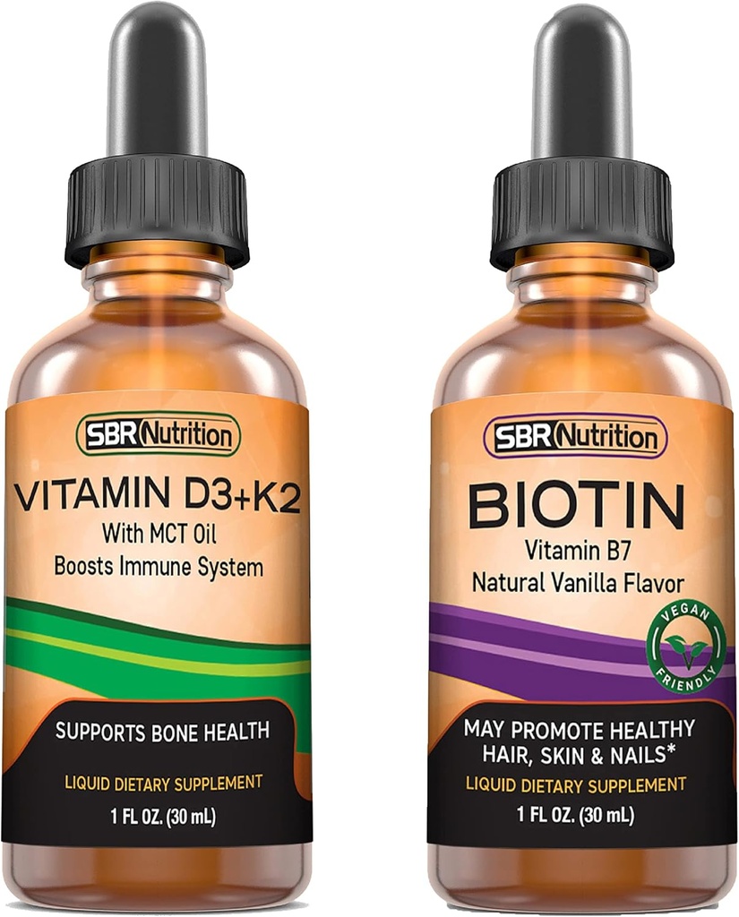 SBR Beslenme D3+K2 ve Biotin Sche Vitamin D3K2 (MK7) Sıvı Merdivenler, Peppermint, 1oz | Biotin 5000mcg Drops, Vanilla 2oz | Yetişkinler ve Çocuklar için | Gluten Ücretsiz