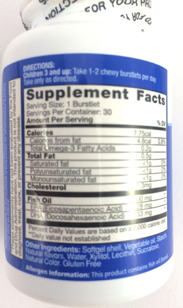 Kids Smart Hi DHA Omega-3 Fish Oil 30 ea, Chewable Burstlets, Berry,Pack of 2