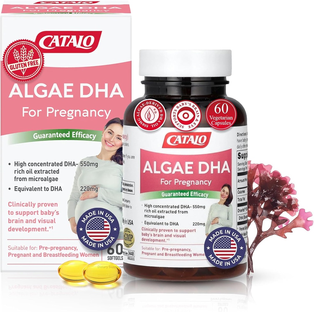 CATALO Omega 3 Algae DHA for Women - 550 mg DHA-Rich Oil from Microalgae, Ideal for Prenatal, Hamilelik & Emziring, Vegetarian Softgels, Gluten-Free - 60 Softgels
