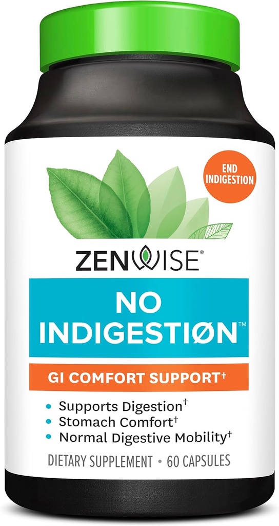 Zenwise No Indigestion - Indigestion Relief with Digestive Enzymes, Apple Cider Vinegar, Ginger ve Peppermint for Gut Health, Constipation and Bloating, Vegan Fiber Supplement Women and Men