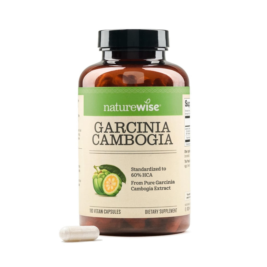 Naturewise Garcinia Cambogia - 60 HCA Concentration Extract, Natural Support for Kilo Goals and Energy Levels - Vegan, Non-GMO, Gluten Free - 180 Capsules[2-6 Ay Supply]