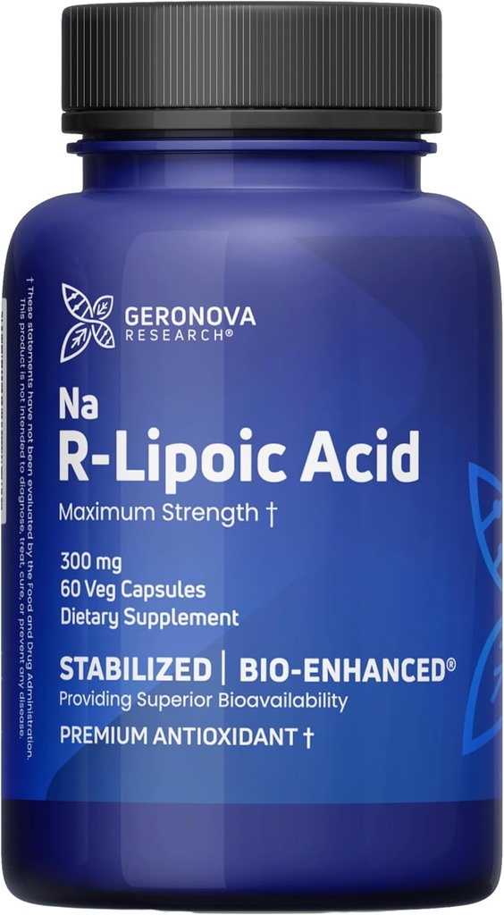 Geronova Research Bio-Enhanced R-Lipoic Acid, 300 mg Capsules - 2 Ay Supply - Geliştirilmiş Aborpsiyon ile Stabilize R Alfa Lipoic Asit - R Lipoic Acid Supplement - 60 Count