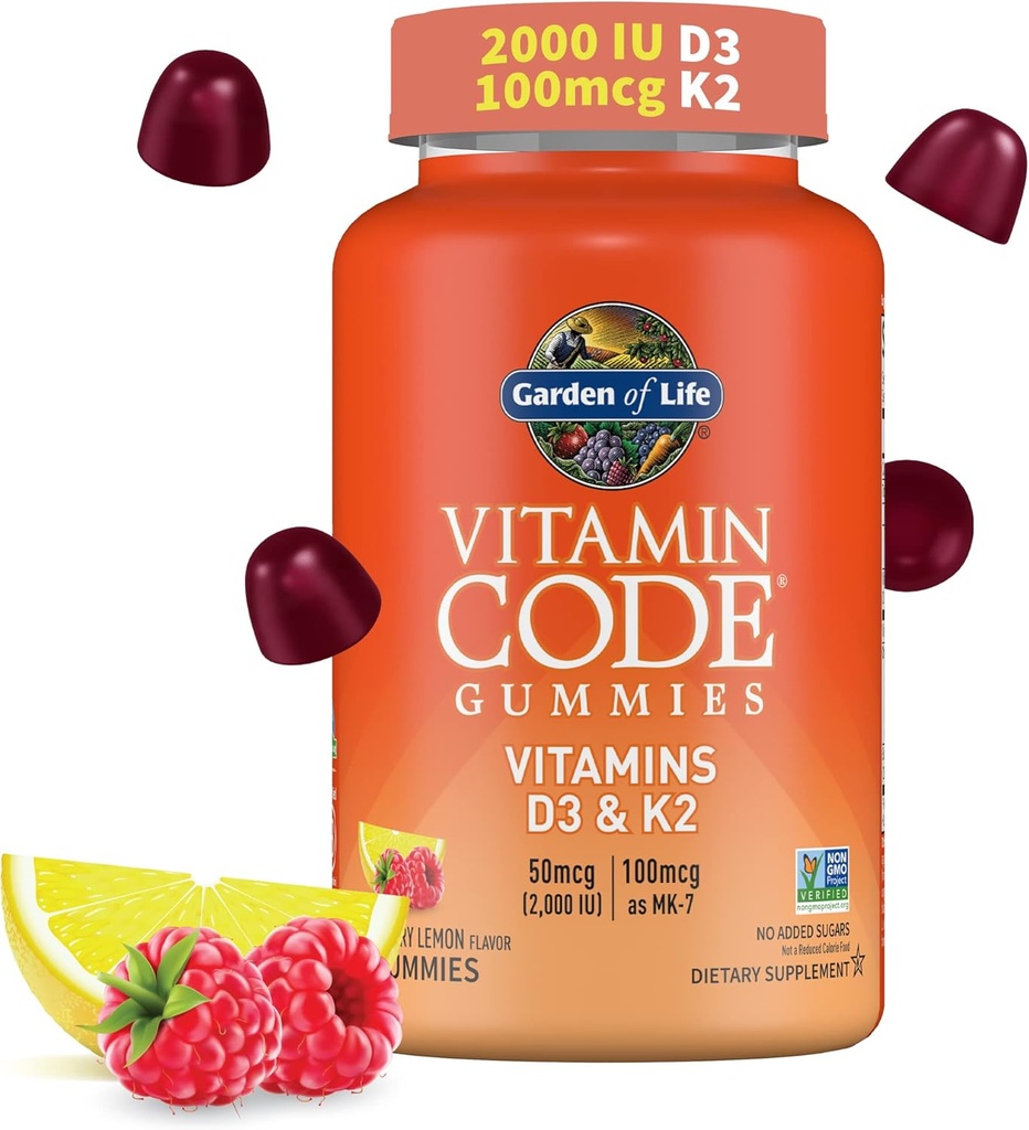 D3 + K2 Prebiyotiks & Probiyotiks for Digestion, 2000 IU Vitamin D3 + 100 mcg K2 for Bone & Immune Health for Yetişkinler, Vitamin Code, Non-GMO, Gluten-Free, 45 Raspberry Lemon Gummies