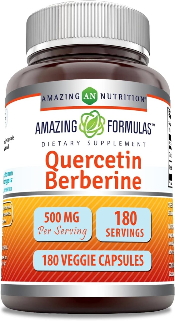 Amazing Formulas Quercetin Berberine - 250 mg Berberine ve 250 mg Quercetin, 180 Veggie Capsules Supplement | Non-GMO | Gluten Free | Made in USA | Ideal for Vegetarians