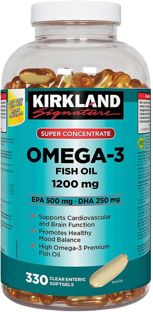 Υπογραφή Kirkland Super συμπύκνωμα Ωμέγα-3 ιχθυέλαιο 1200mg, EPA 500/DHA 250mg, 330 Διαυγές εντερικό softgels