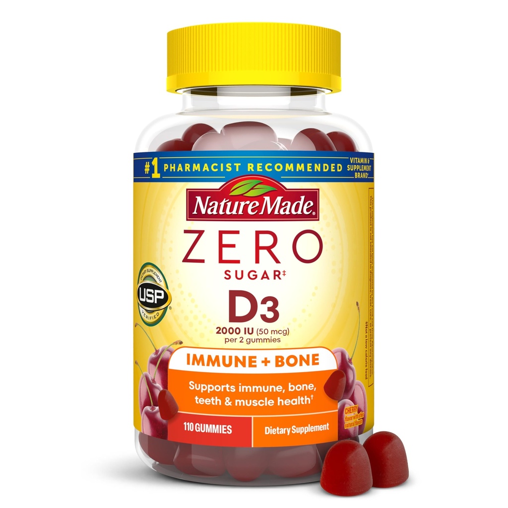 Nature Made Zero Sugar Vitamin D3 Gummies 2000 IU (50 mcg) Sürekli, Bone & Immune Support, Aspartame Free, 110 D Gummies, 55 Day Supply