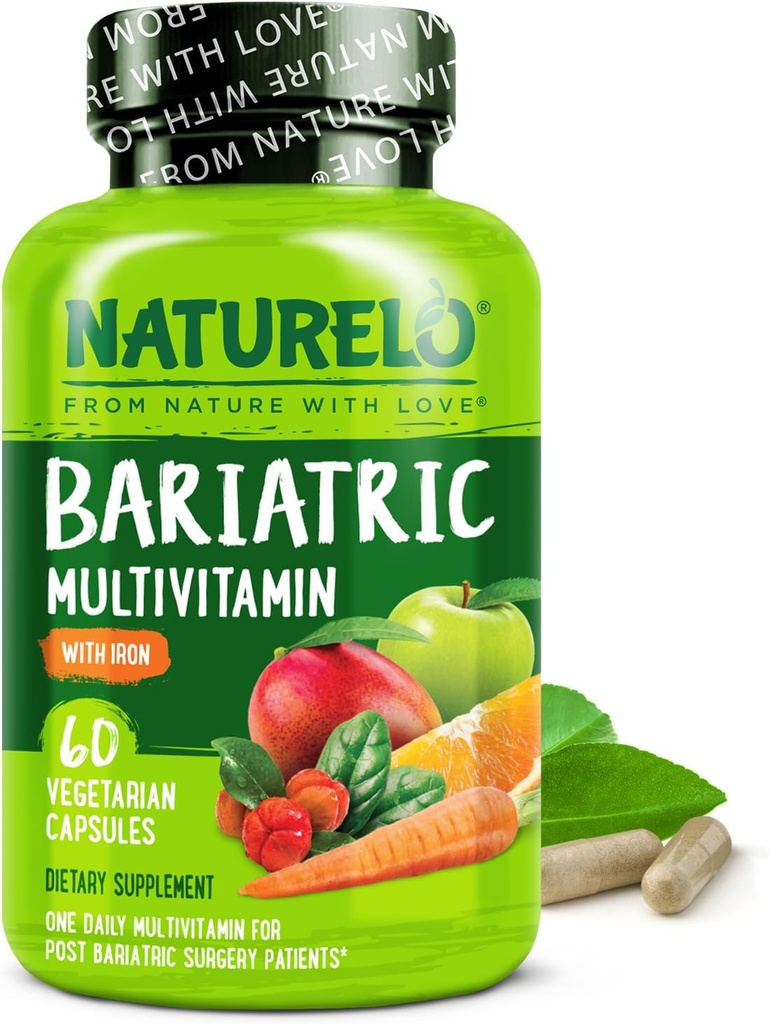NATLO Bariatrik Multivitamin - Demir ile Bir Gün - Post Gastrik Bypass Cerrahi Hastaları için Tamam - Doğal Tüm Gıda Beslenme - 60 Veggie Capsules