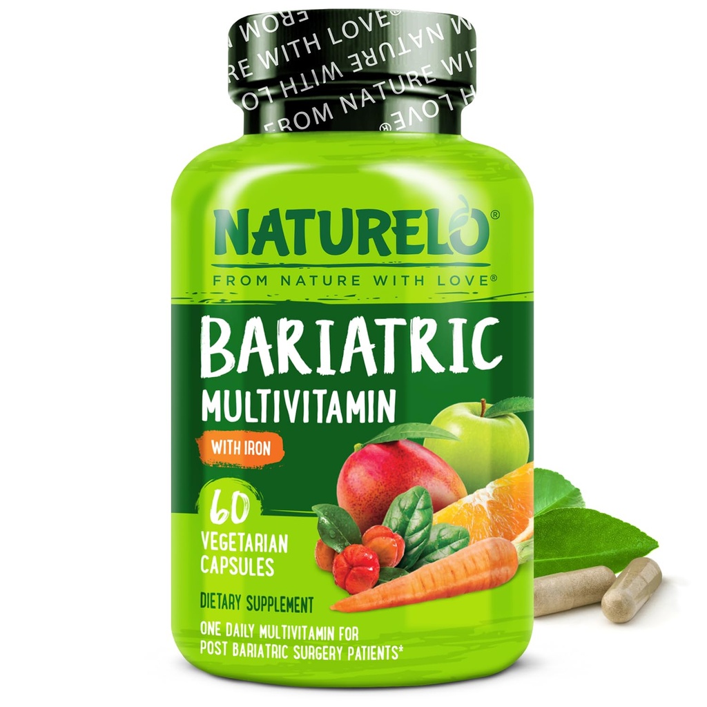 NATURELO Βαριατρική Πολυβιταμίνη - Μία Καθημερινή με Σιδήρο - Συμπλήρωμα για τους ασθενείς χειρουργική επέμβαση μετά γαστρική παράκαμψη - Φυσική Διατροφή Ολόκληρων Τροφίμων - 60 κάψουλες λαχανικών