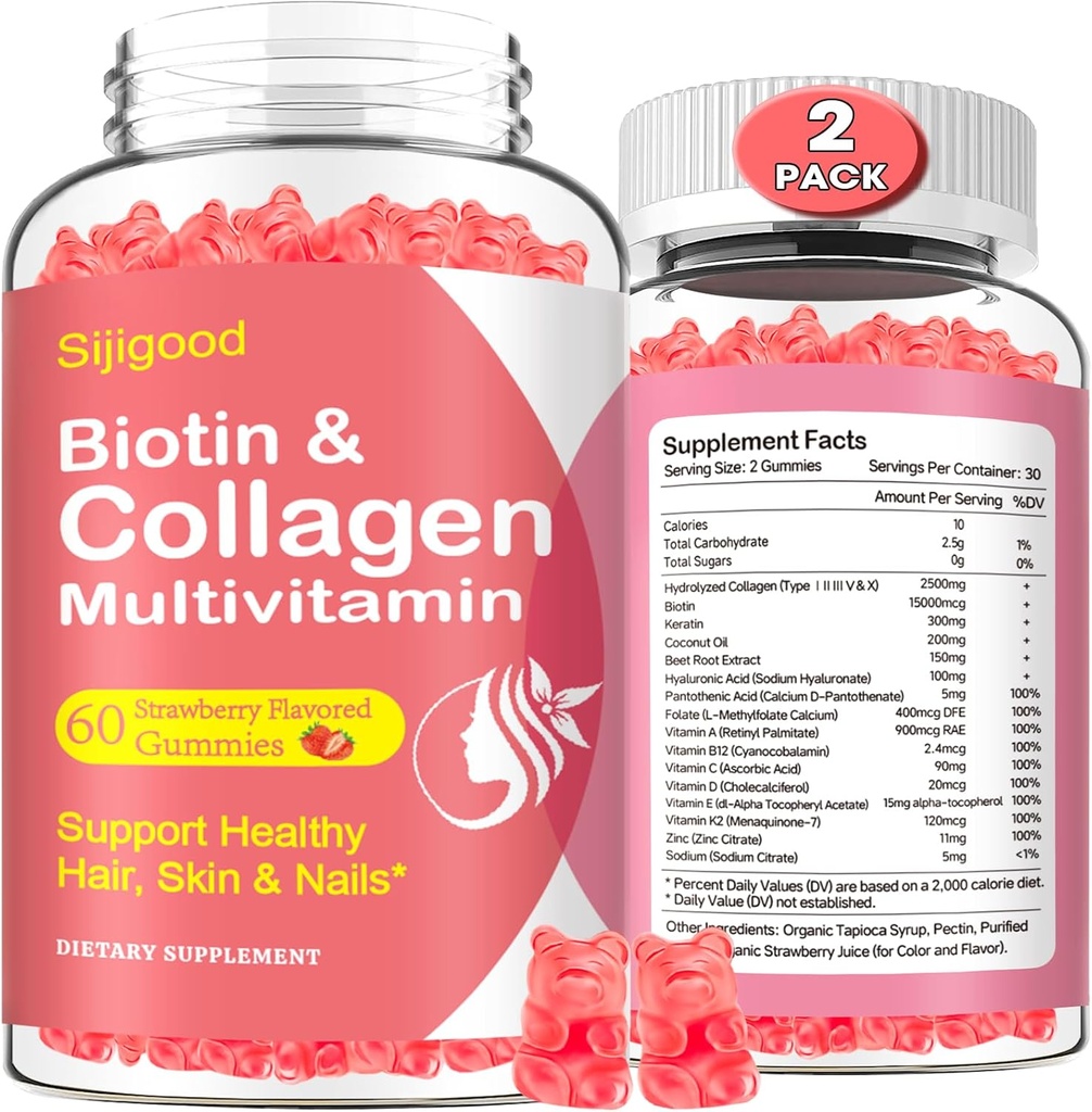 2 Pack Collagen Gummies for Women Men, Hydrolyzed Collagen, Tipleri I,II,III,V,X with Biotin & Hyaluronic Acid, Vitamins C A D E B12 K2 Support, Sugar-Free for Skin Hair Nails Immunity Energy