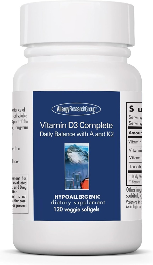 Alerji Araştırma Grubu Vitamin D3 Tamam - D3 ve K2 Supplement, Daily Balance, A, DeltaGold Tocotrienols, High Potency, Veggie Softgels - 120 Count