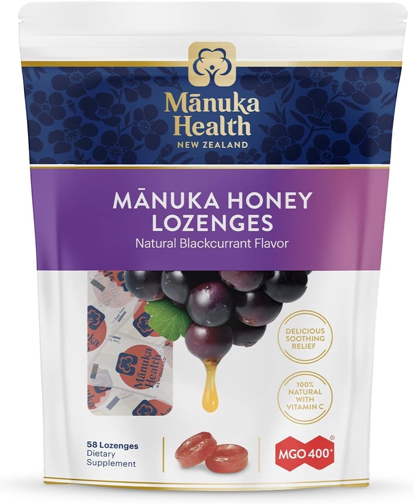 Μανούκα Υγεία Μανούκα Μέλι Λαρύγγι Lozenges - Blackcurrant Γεύση Lozenges, 58-Count - Βήχας σταγόνες που εγχύονται με Ακατέργαστο Μέλι Μανούκα & Βιταμίνη C για Ανοσολογική Υποστήριξη