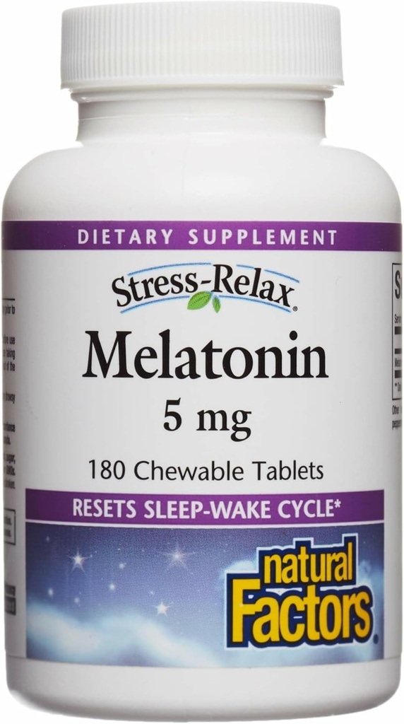 Stres-Relax Melatonin 5 mg Doğal Faktörler, Doğal Uyku Yardımı, Uyku-Wake Çevrimi, 180 çiğnebilir tablet (180 hizmet), Peppermint Flavor