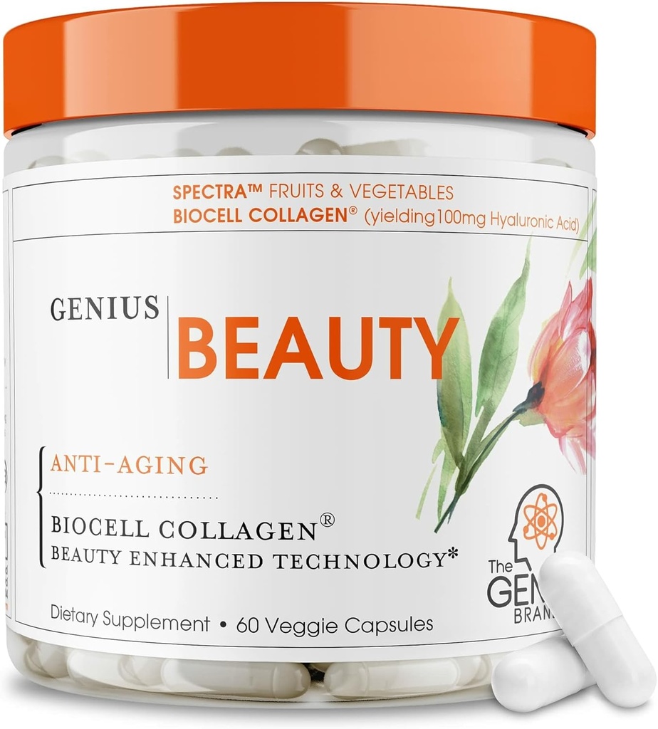 Genius Beauty, Saç Skin & Nails Vitaminleri, 60 Capsules - Anti-Aging Antioksit, Hydrolyzed Collagen Pills, Glutathione & Astaxanthin - Detox Cleanse, Wrinkles, Saç Büyüme ve Sağlıklı Cilt