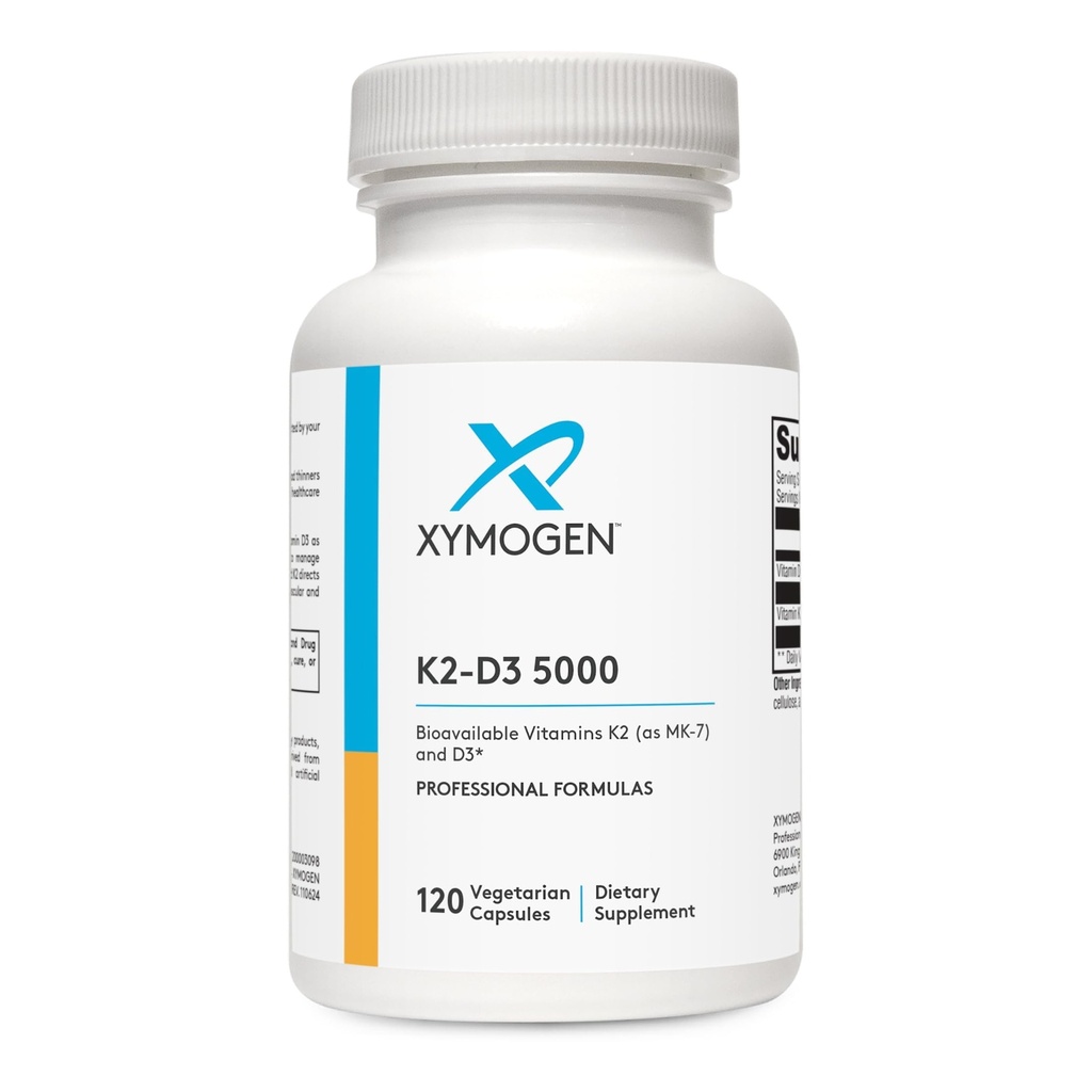 XYMOGEN K2-D3 5000 - Βιταμίνη D3 K2 - Βιοδιαθέσιμη βιταμίνη D 5000 IU (χοληκαλσιφερόλη) με MK-7 - Καρδιά, Αρτηριακή, Υγεία των οστών + Συμπλήρωμα Ανοσολογικής Υποστήριξης (120 Κάψουλες)