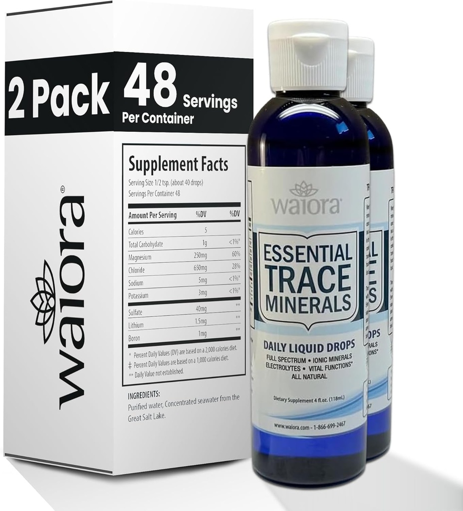 Waiora Essential Trace Mineralleri | Replenish Lost/Depleted Mineral | 60+ Ionic Trace Mineralleri | Destek Body's Vital Functions, PH Balance | Plus Electrolytes for Hydration (2 Bott / 96 serv)