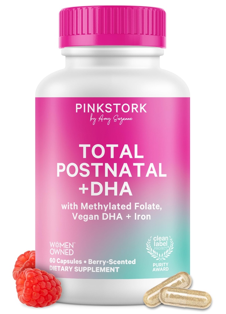 Pink Stork Total Postnatal Vitamins for Women with Vegan DHA, Iron, Folate, and Vitamin B12, Postpartum Recovery Essentials, Daily Supplement for Mothers - 1 Ay Supply