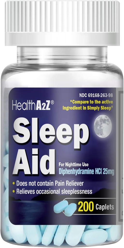 SağlıkA2Z Uyku Yardımı 200 Caplets | Diphenhydramine HCl 25mg | Düzenli Kuvvetli Uyku Pilleri | Güvenli ve Güvenli olmayan -