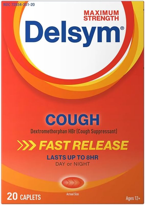 Delsym maximum Strength Cough Suppressant, Fast release Caplets, Lasts up to 8 Hour Day or Night, 20 Count